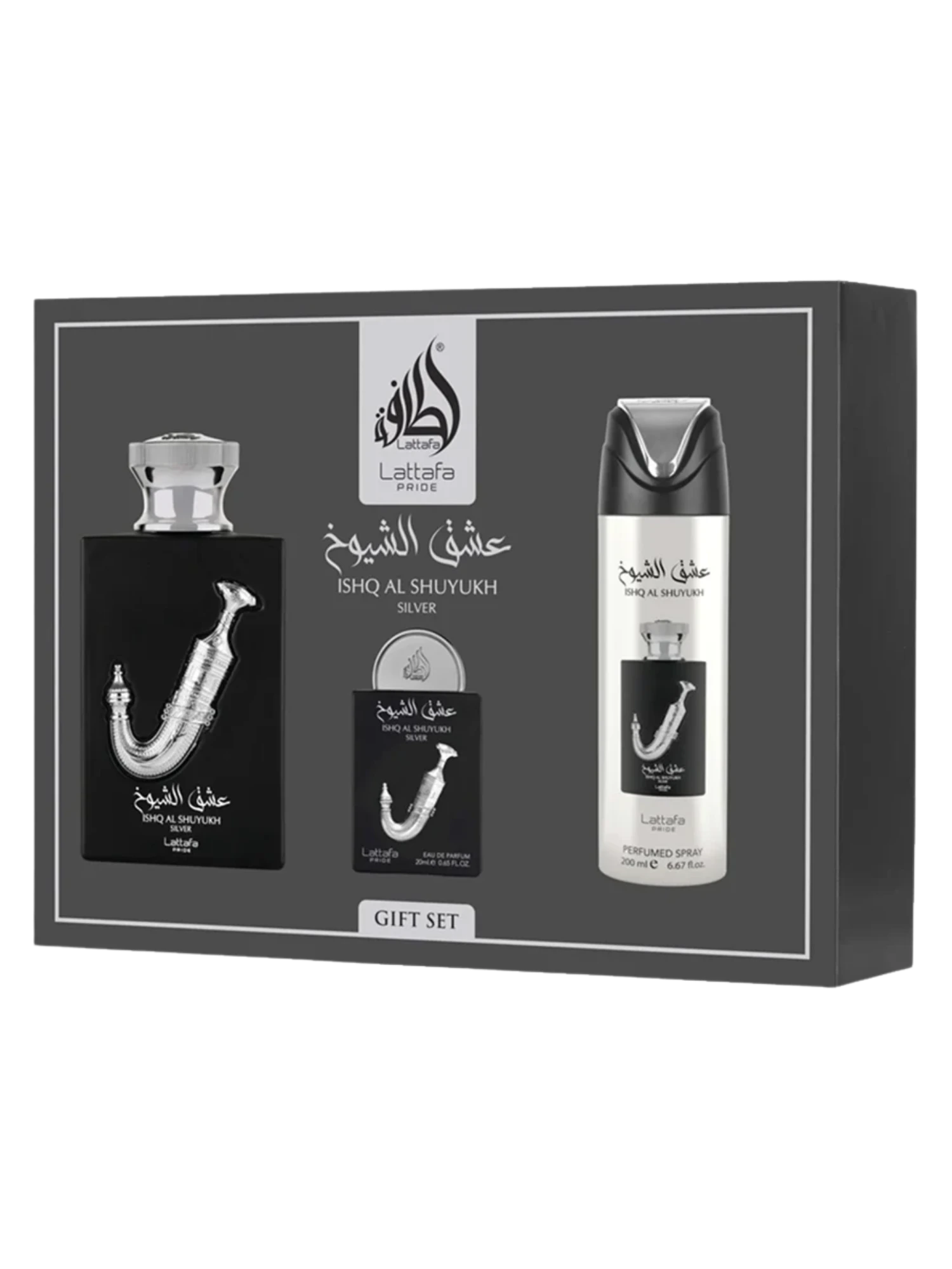 Lattafa Pride Ishq Al Shuyukh Silver Gift Set (100ml EDP + 20ml EDP + 200ml Deo)